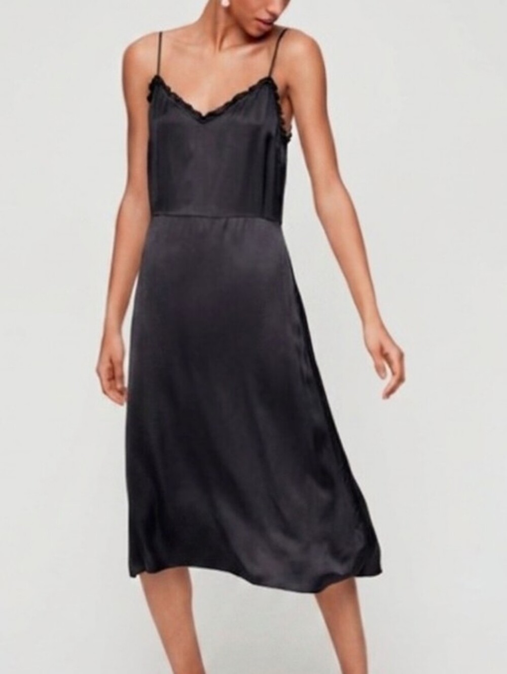 Aritzia Wilfred Black Mille Satin Ruffle V-Neck Midi Slip Dress